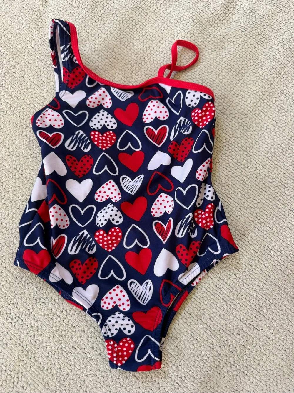 Kids One-Piece Swimsuit - Purple Tropical Print and hearts